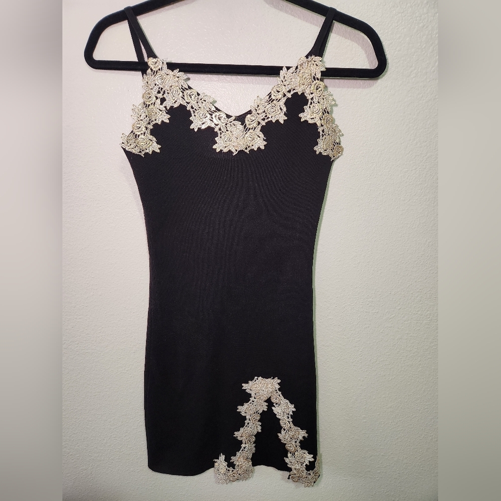 Black Knit Dress With Gold Lace